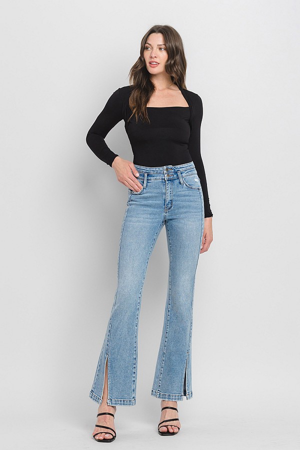 HIGH RISE SLIT DETAIL FLARE JEANS F...